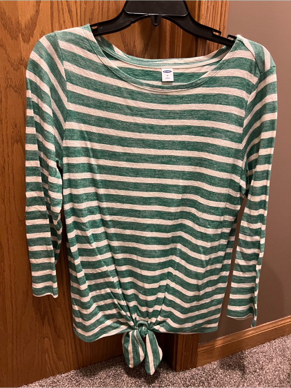 Old Navy Green and White Striped Long-Sleeve Tie-Front Top